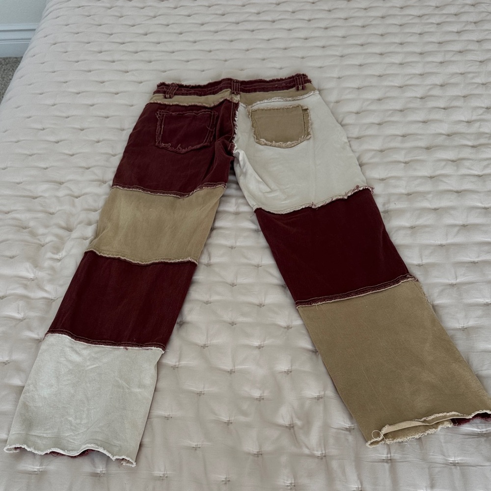 Women’s Patchwork Denim Jeans Wide-Leg Pants in Burgundy, Beige & Ivory size L